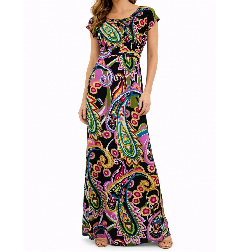 Sherbet Maxi Dress Womens Sz 4P Multicolor Paisley Floral Faux Wrap Empire Waist